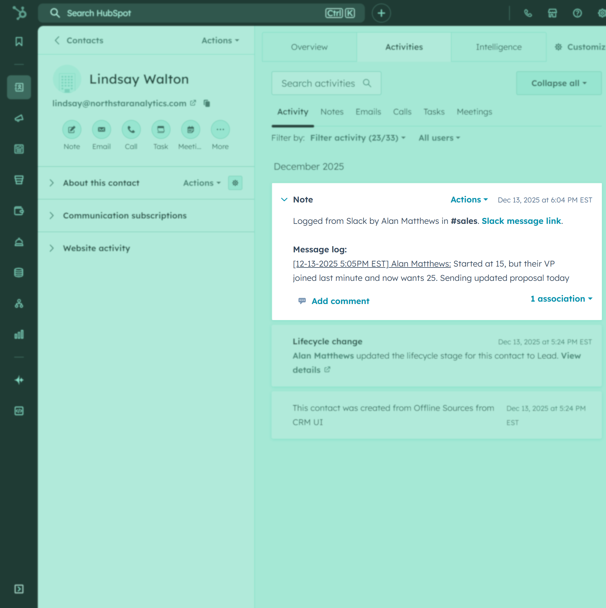 HubSpot contact record showing Slack conversation logs accessible to entire team